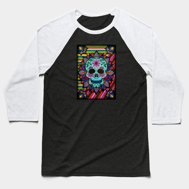 Day of the Dead Flower Skull Baseball T-Shirt by ARTWORKandBEYOND